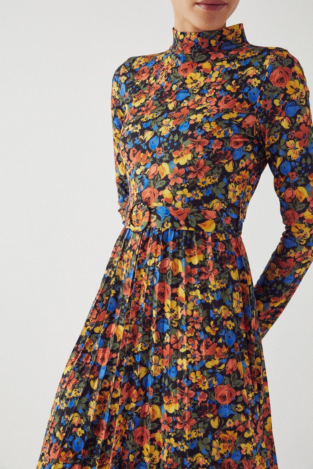 Funnel Neck Floral Print Pleated Dress ...